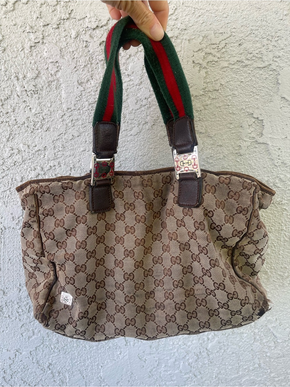Gucci Brown GG Canvas Tote with Green and Red Striped Handles